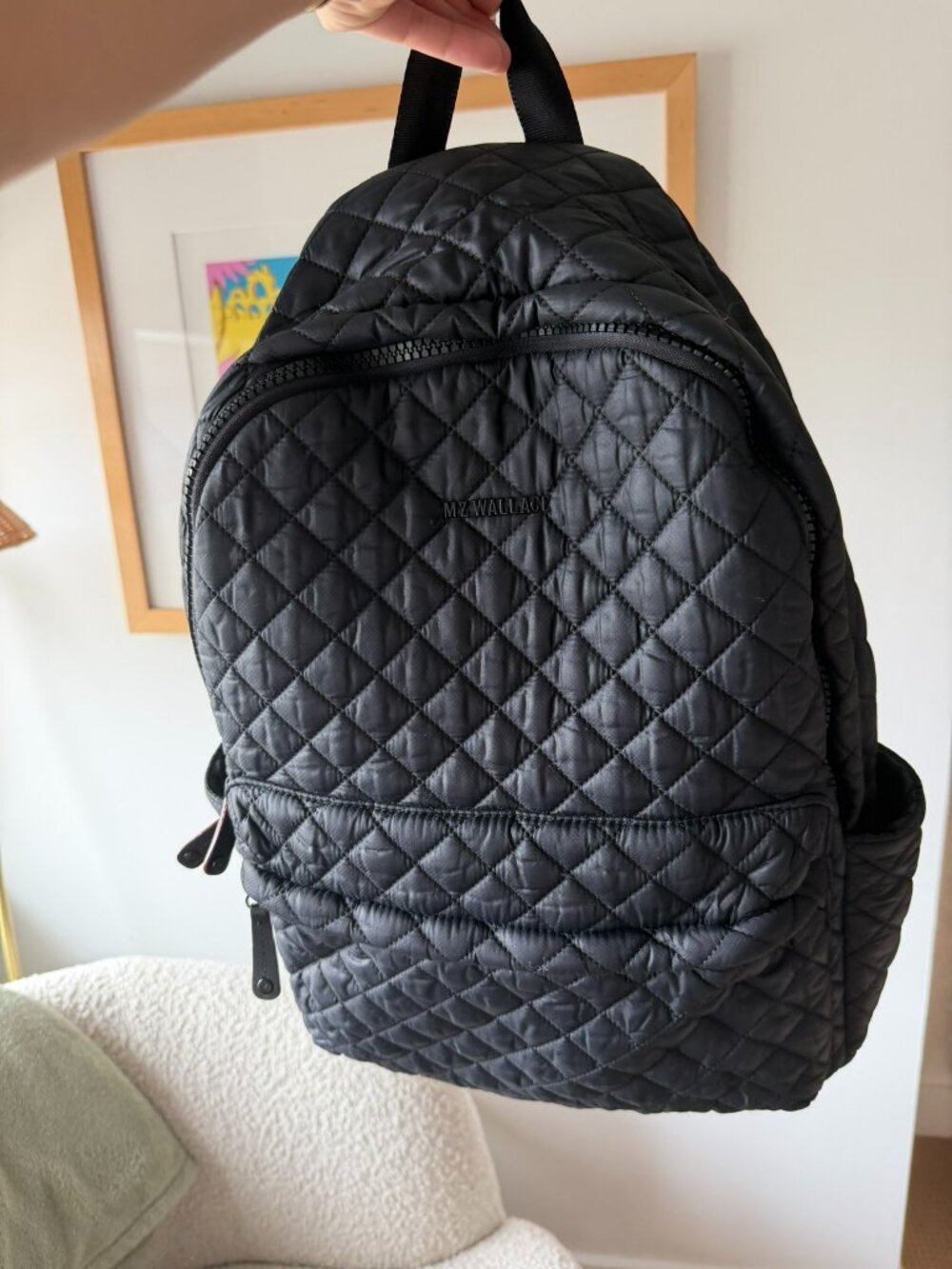 MZ Wallace Metro Backpack Black Quilted Nylon Caramel Trim Gray Interior